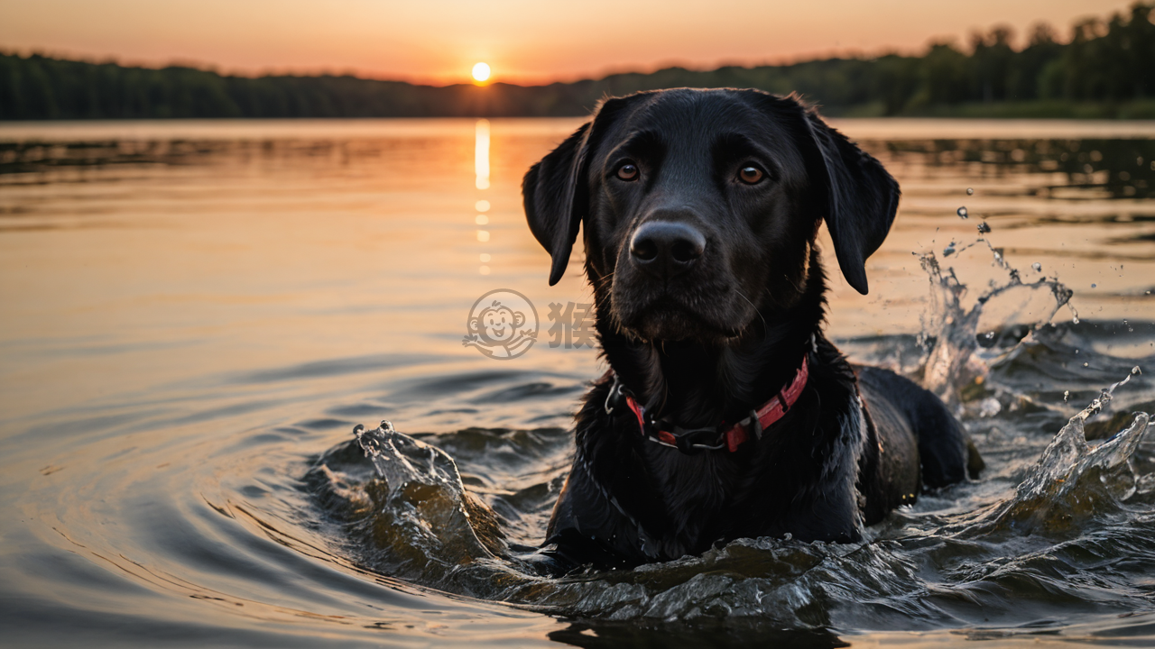 夕阳下湖中嬉水的黑色拉布拉多犬的照片