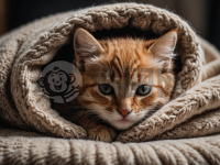 可爱的小猫蜷缩在柔软毯子中睡觉的照片