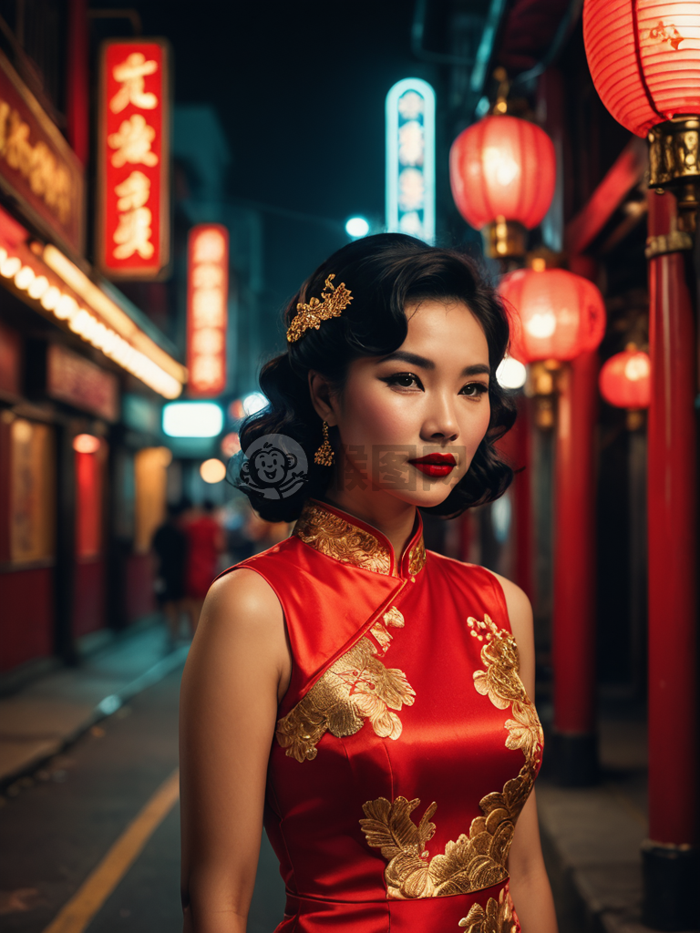 港风美女烟幕红唇，霓虹灯下独倚街灯