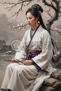 题目：梅花下独笔思的诗情画意。