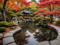 日本静谧秋园：鱼池与红枫的迷人景象