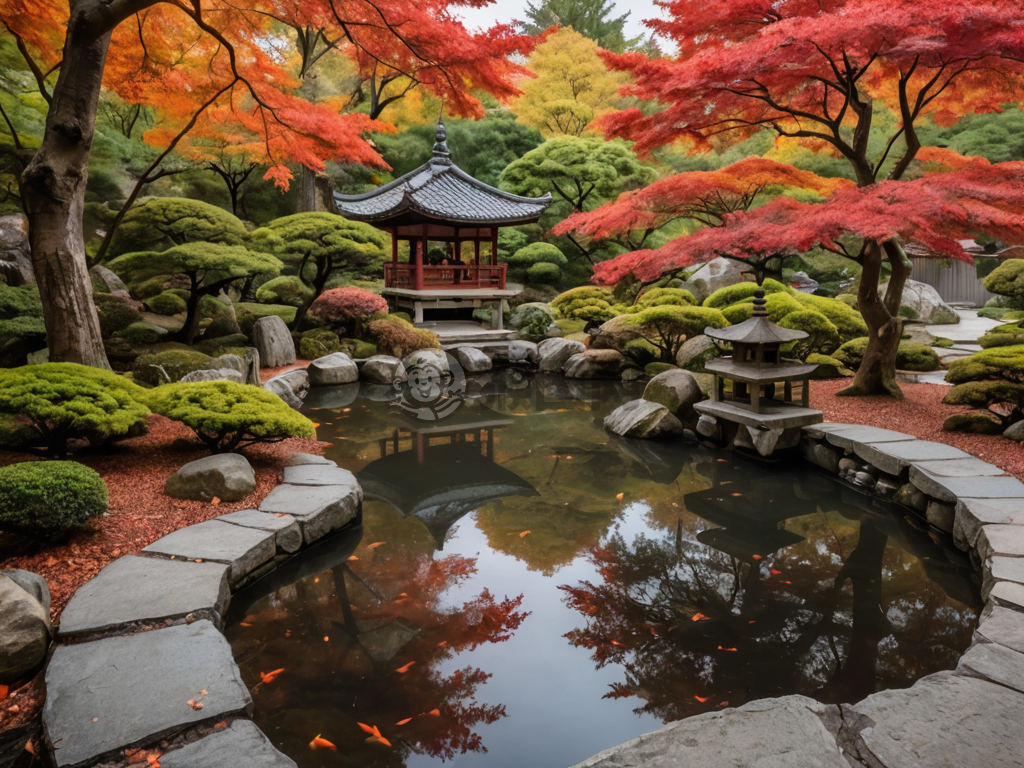 日本静谧秋园：鱼池与红枫的迷人景象