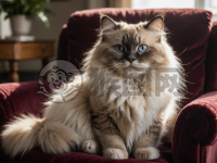 阳光下的绒毛玩偶猫坐在华丽绒椅上的照片