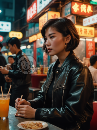 香港街头美食摊，女子短发黑皮夹，茶饮闪烁迷人眼