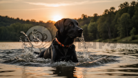 夕阳下湖中游泳的黑拉布拉多犬