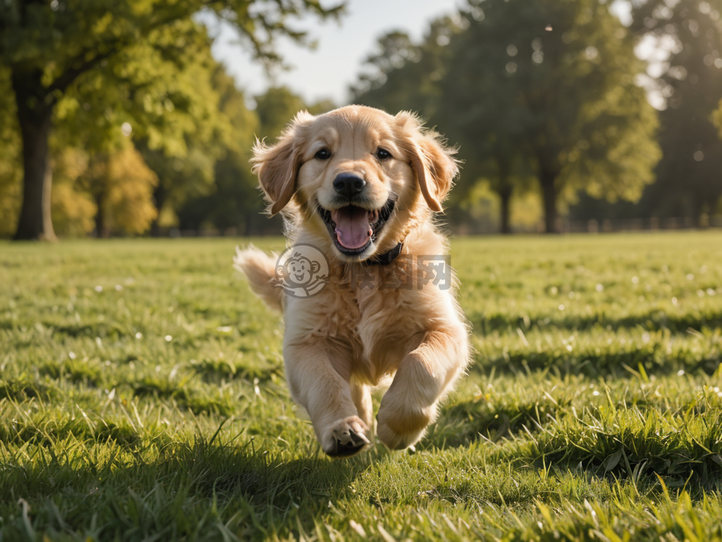 阳光下的欢快奔跑：草地公园中的金色猎犬幼犬