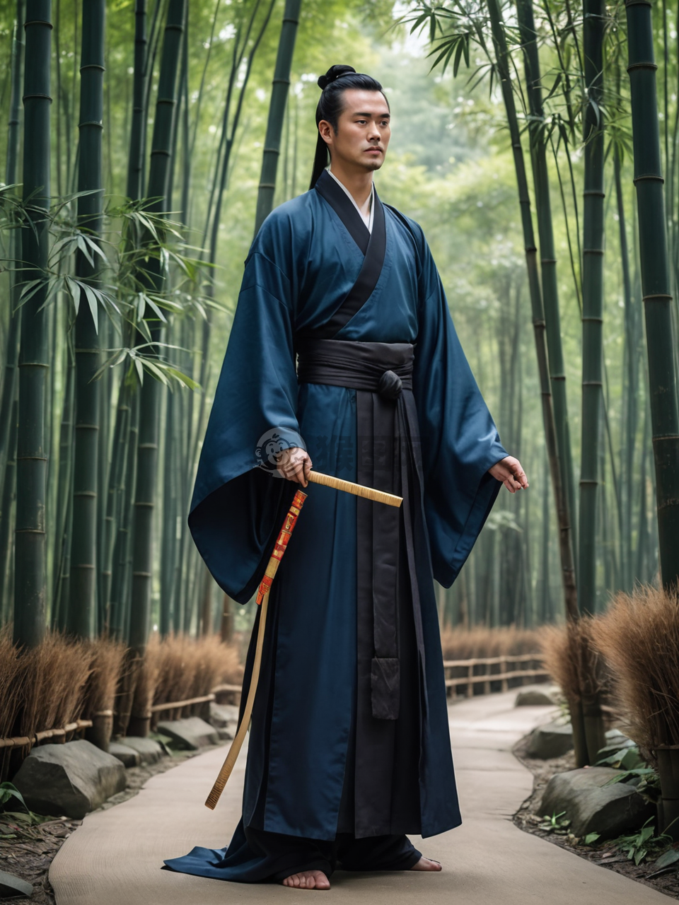 宁静竹林中的蓝汉服男子