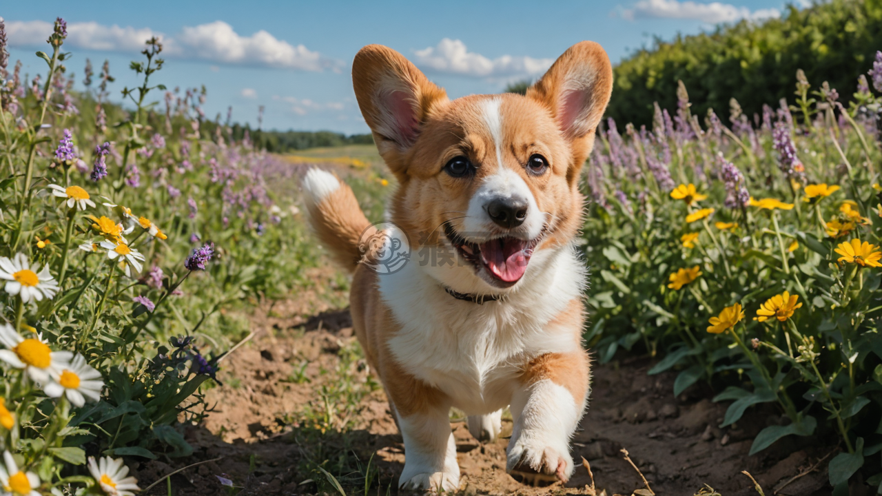 《草原花海奔跑萌犬》