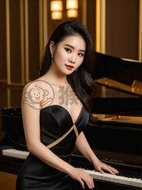 标题可以是：黑色华尔兹下的中国魅影。这个标题表达了这个中国女性在黑色晚礼服、钢琴和柔和灯光下的优雅与诱惑，以及所使用的设备（尼康Z6 II）和摄影参数（8k分辨率、f/1.4光圈、ISO 200等）的信息。
