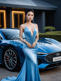 自信美女豪车前照相：蓝色礼服与完美肌肤引人注目