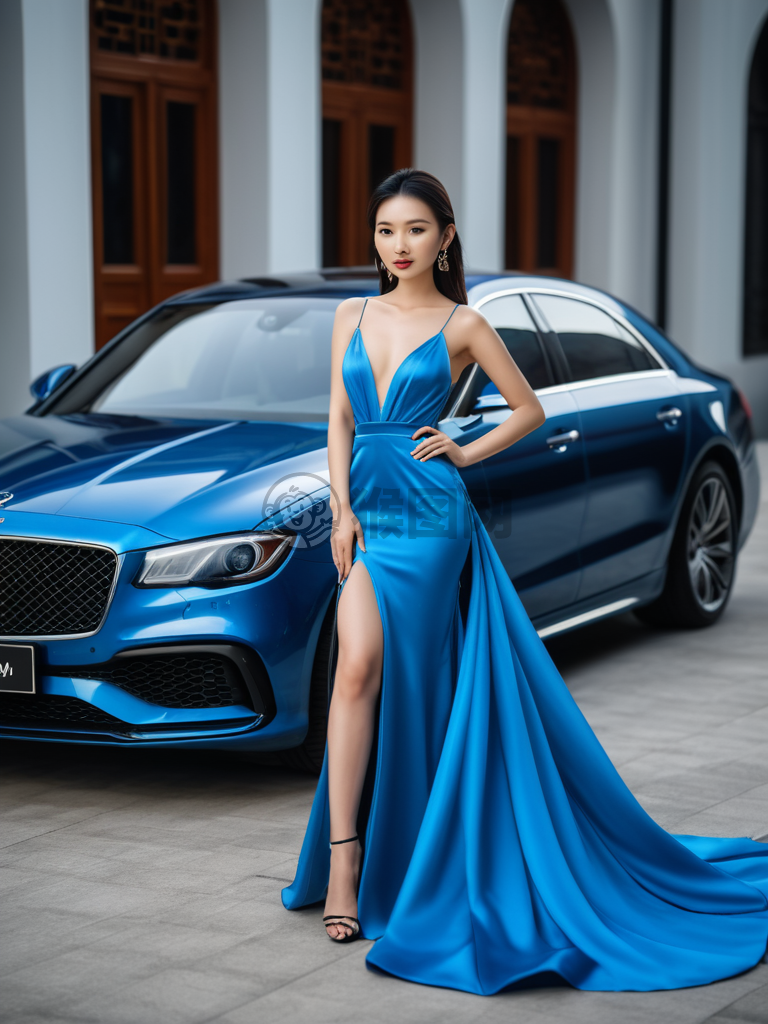 自信美丽女模奢华车前拍写真