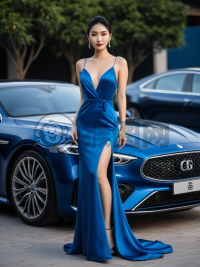 自信美女豪车前照相：蓝色礼服与完美肌肤引人注目