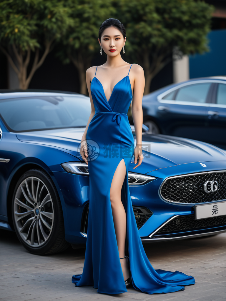 自信美女豪车前照相：蓝色礼服与完美肌肤引人注目