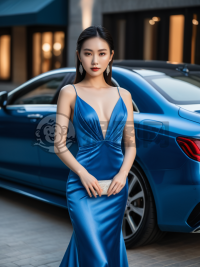 自信蓝夜：完美肌肤中国模特与豪车合影