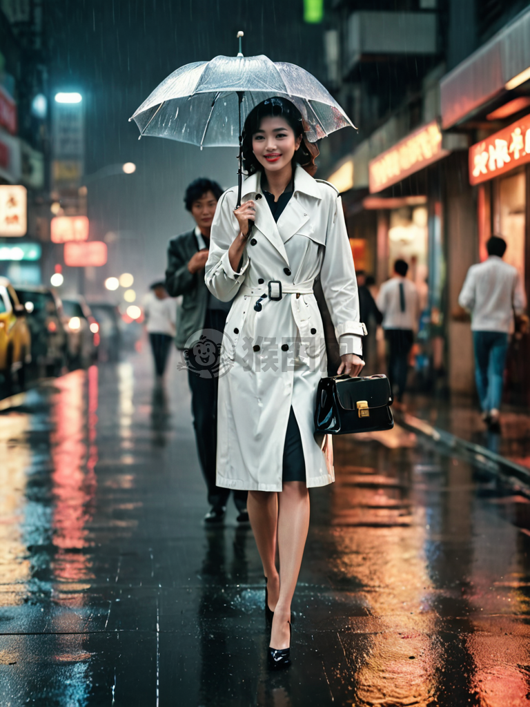 港风复古，雨中漫步，女子白风衣黑高跟，画面唯美，充满诗意。