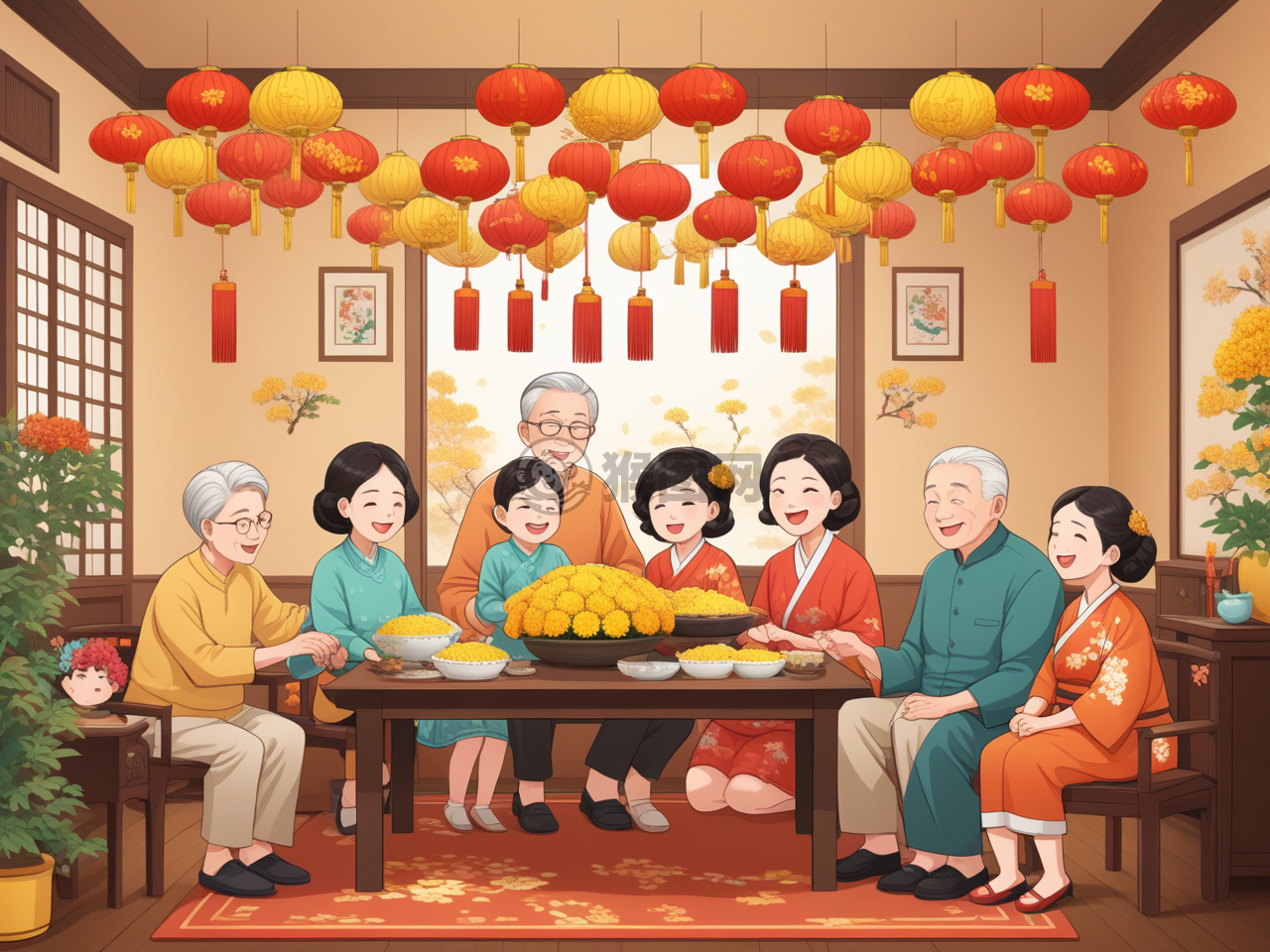 《家庭团聚重阳节，老少欢聚赏菊花》