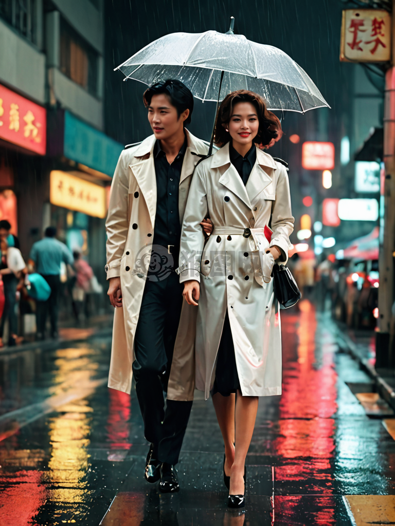 港风微雨，白雨衣黑高跟的女人漫步于男人的身旁