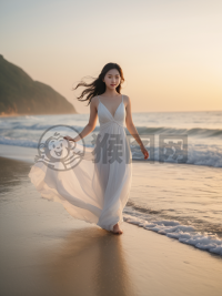 日出海滩漫步：白衣女子与海浪的美丽邂逅
