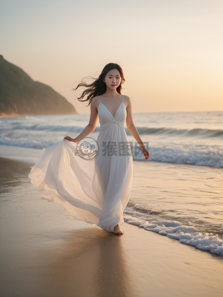 日出海滩漫步：白衣女子与海浪的美丽邂逅