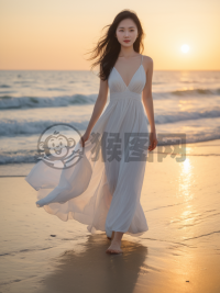 日出海滩漫步：白衣女子与海浪的美丽邂逅