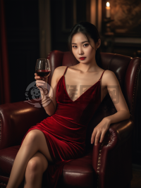 暗夜红裙女郎杯酒留影