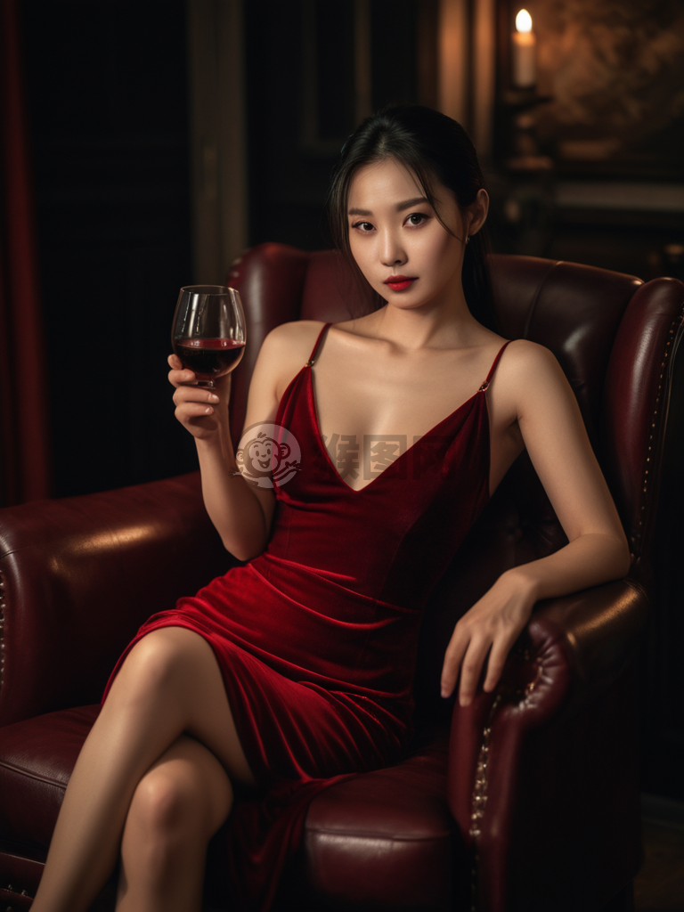 暗夜红裙女郎杯酒留影