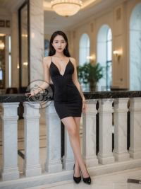 黑裙美女的华丽酒店背景风光照