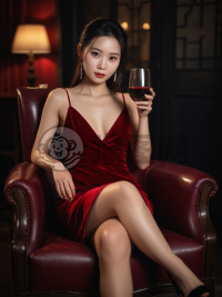 暗夜红裙女郎杯酒留影