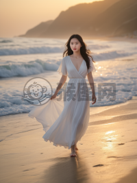日出海滩漫步：白衣女子与海浪的美丽邂逅