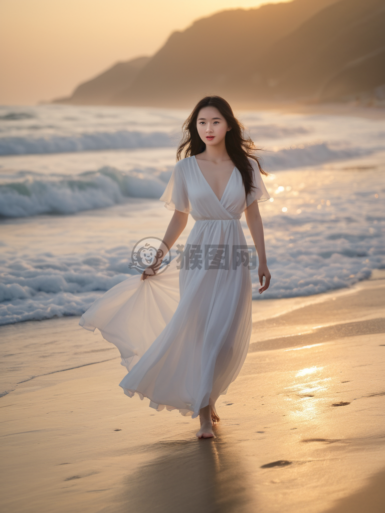 日出海滩漫步：白衣女子与海浪的美丽邂逅