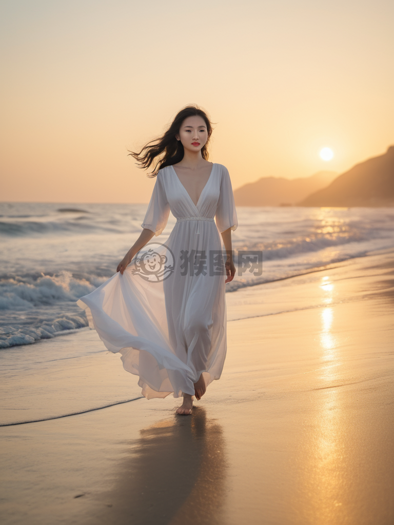 日出海滩漫步：白衣女子与海浪的美丽邂逅