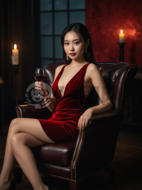 暗夜红裙女郎杯酒留影