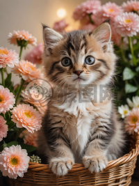 绚丽花朵下的可爱绒毛猫照