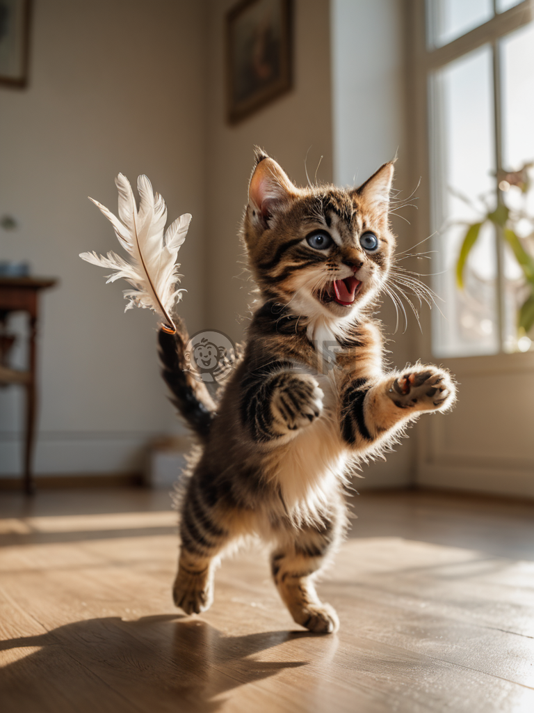 跳跃中的顽皮猫咪：阳光下的动感瞬间