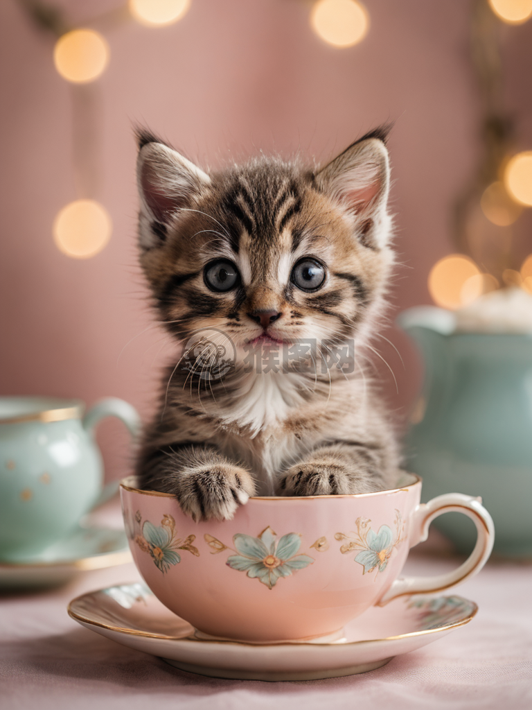 茶杯中的微小猫咪：梦幻细节摄影