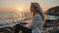 欧洲女子的海边肖像