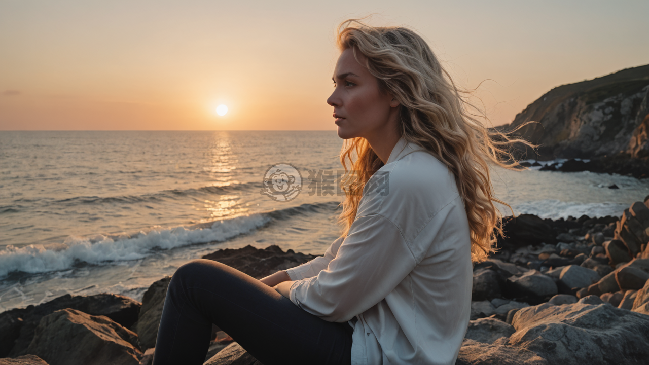 欧洲女子的海边肖像