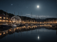 月光下的宁静海滨小镇之夜