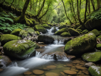 清晰山泉流石，翠绿环绕如画。