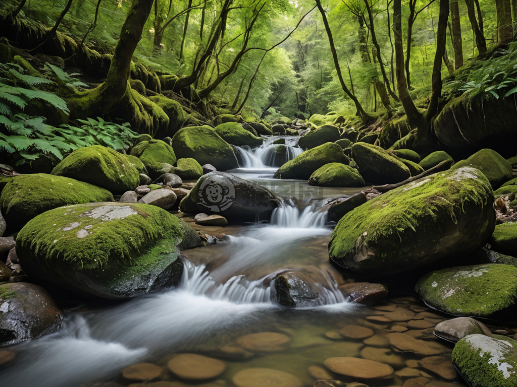 清晰山泉流石，翠绿环绕如画。