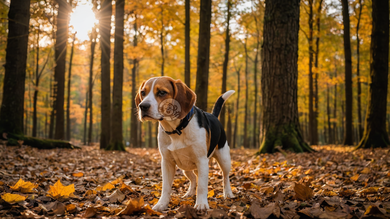 森林秋日奇遇：好奇贝灵犬探索落叶之地