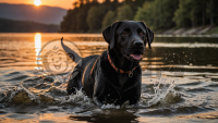 夕阳下湖中嬉水的黑色拉布拉多犬的照片
