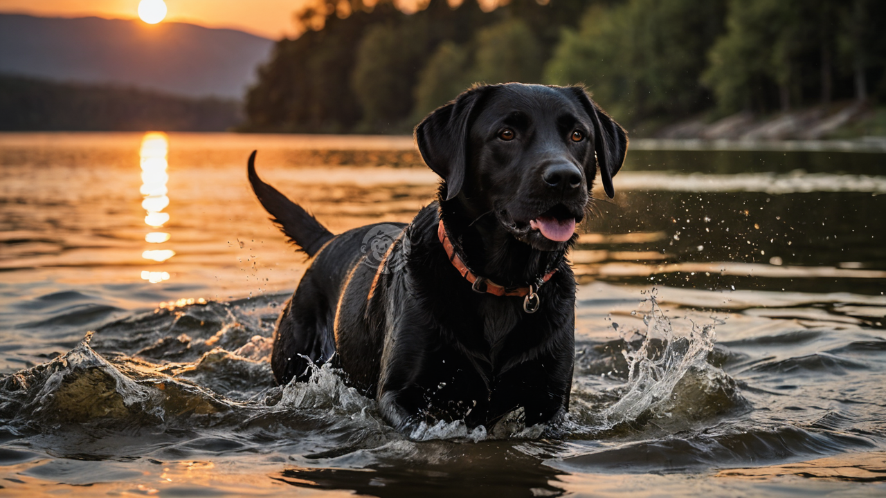 夕阳下湖中嬉水的黑色拉布拉多犬的照片