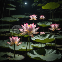 夜色荷塘月色美，粉白莲花映月光。