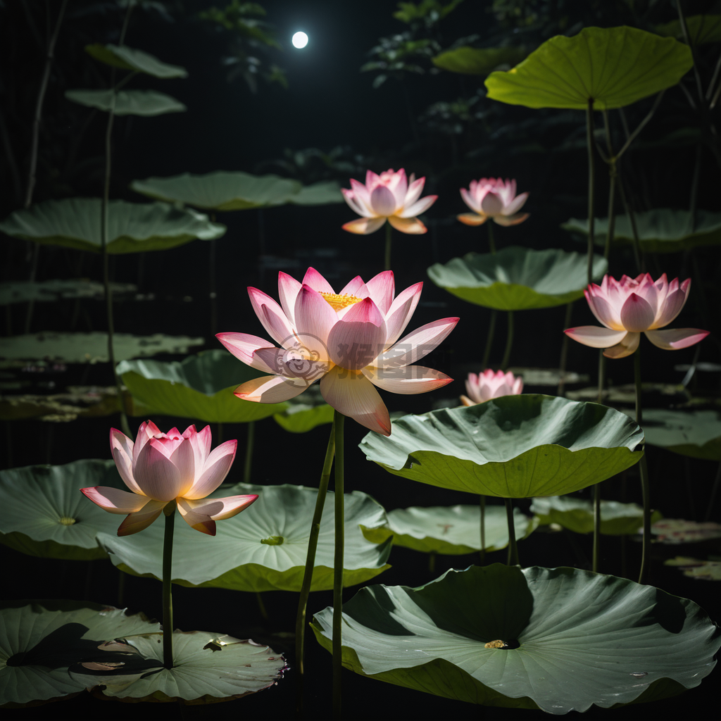 夜色荷塘月色美，粉白莲花映月光。