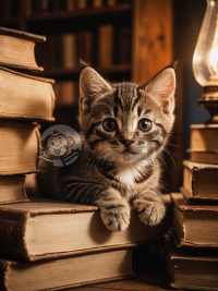 书堆中的神秘小猫咪：温馨的复古氛围与高清晰度摄影作品