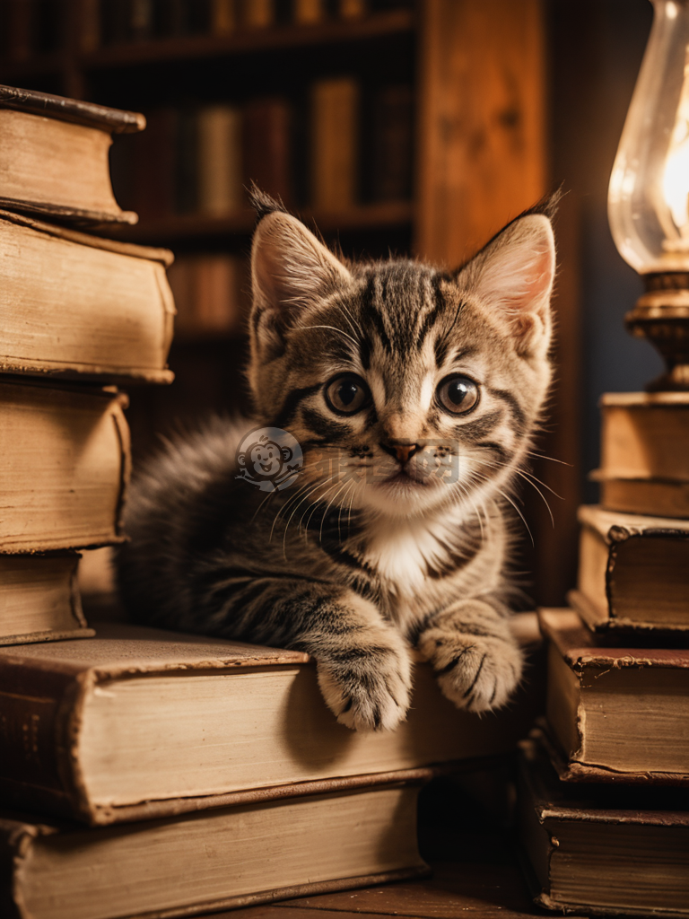 书堆中的神秘小猫咪：温馨的复古氛围与高清晰度摄影作品