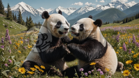 阳光下的熊猫玩耍大战的田园画卷