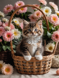 鲜花簇拥下可爱绒球般小猫咪摄影作品