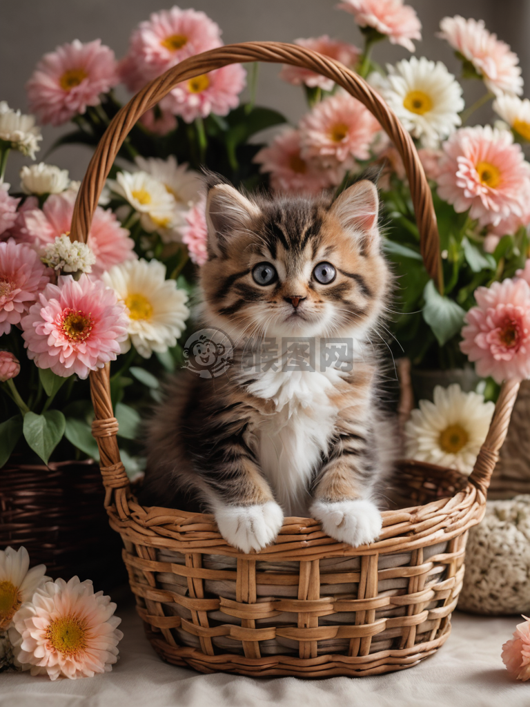 鲜花簇拥下可爱绒球般小猫咪摄影作品